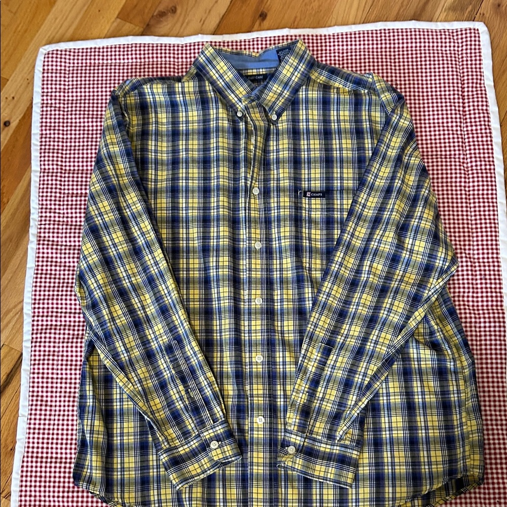 Chaps Men's Yellow and Blue Plaid Shirt